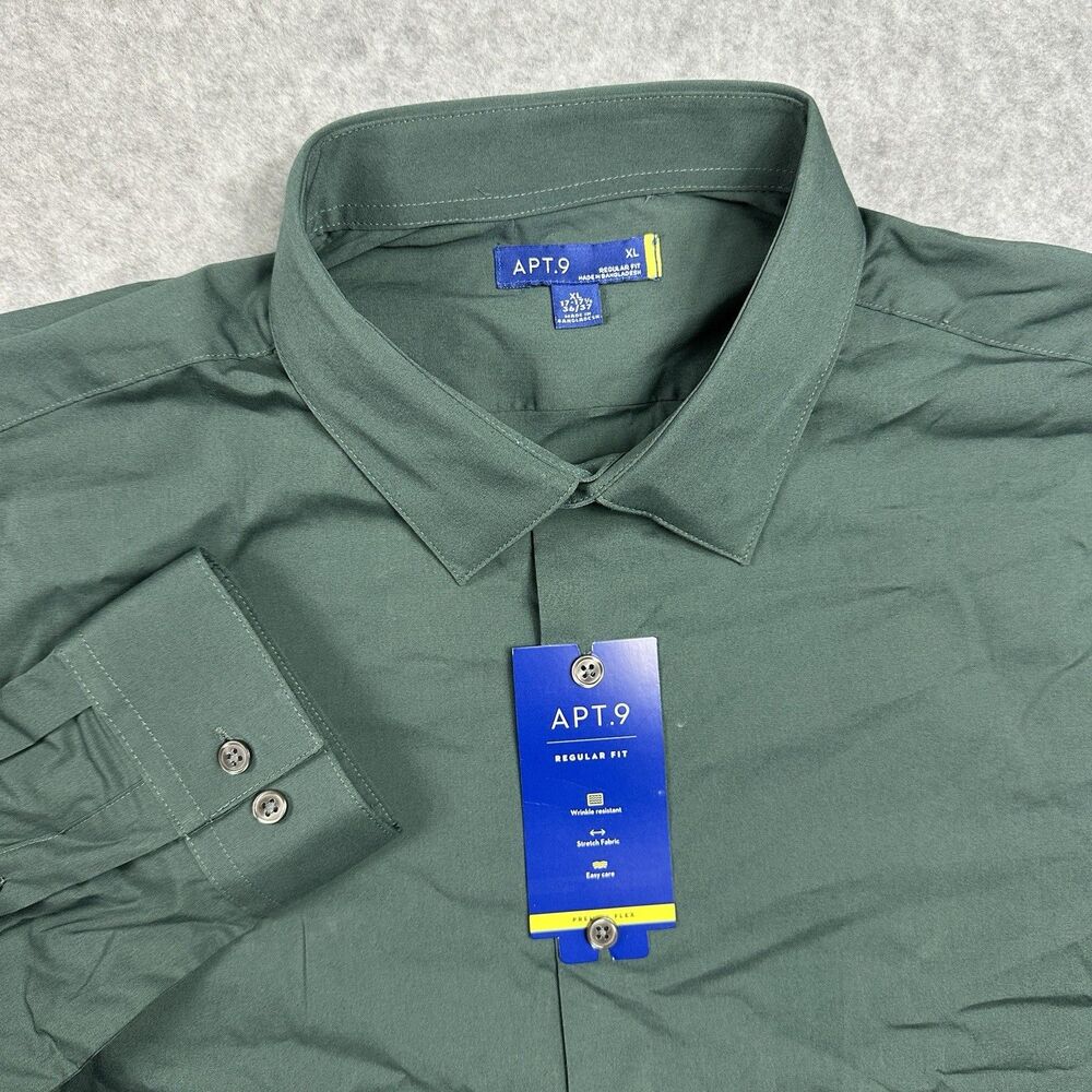 Apt. 9 Mens Dress Shirt Green Regular Fit Cotton Stretch XL 17-17.5 36/37 New